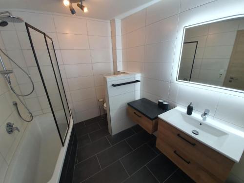 a bathroom with a sink and a mirror and a shower at BoschBerge in Ellbögen
