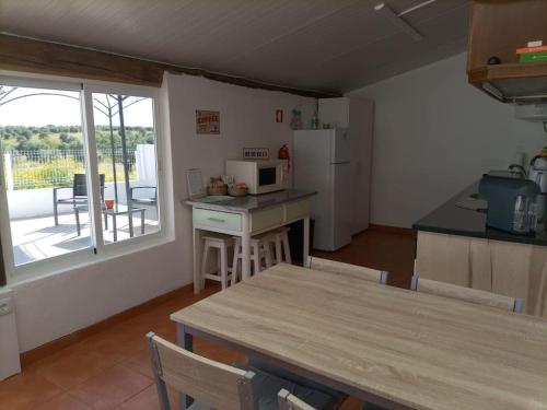 uma cozinha com um frigorífico e uma mesa com cadeiras em Snow Guest House em Santarém
