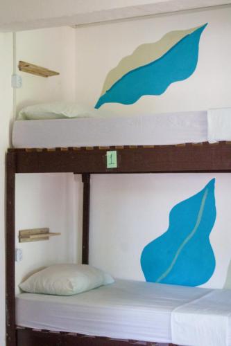 two bunk beds with blue paint on the wall at Indiana Kite school and Hostel in Cumbuco