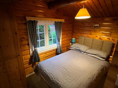a bedroom with a bed in a log cabin at Snowdonia Escape in Trawsfynydd