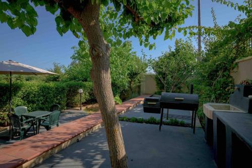 a garden with a grill and a table and a table and a tree at N A P L house in Keramiaí