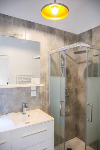 bagno con doccia, lavandino e specchio di St Vincent house a Le Havre