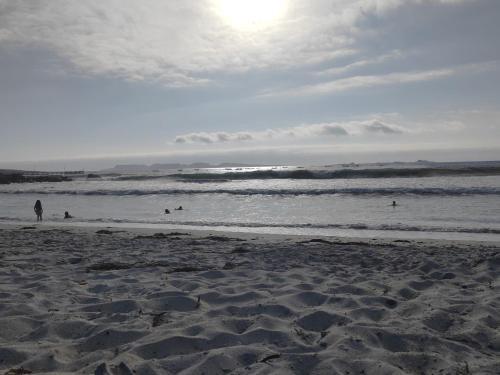 a beach with people in the water and the ocean at Cabañas doña carmen in Punta de Choros