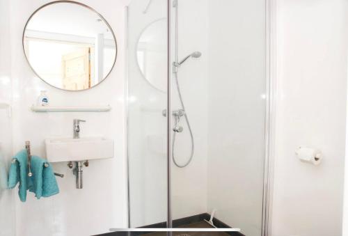 a bathroom with a shower and a sink at Tiny house Watergang in Watergang