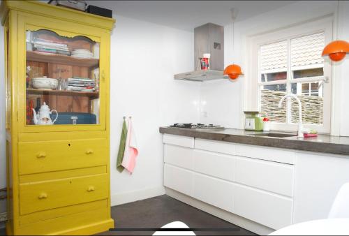 a kitchen with a yellow cabinet in a kitchen at Tiny house Watergang in Watergang