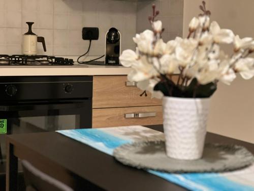 un jarrón de flores blancas en un mostrador en una cocina en Terry's House, en Casamassima