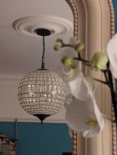 a chandelier hanging from a ceiling with a flower at Sidney Grove B&B in Newcastle upon Tyne