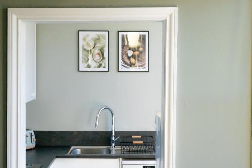 three pictures on the wall above a kitchen sink at Clarence Square Penthouse 