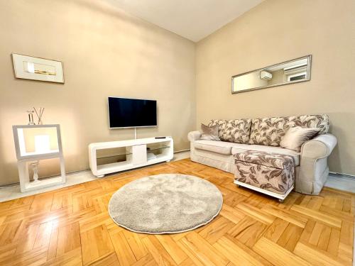 een woonkamer met een bank en een tv bij Trident Apartments 3 in Niš