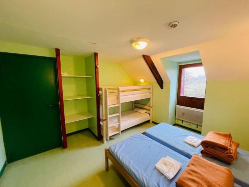 ein Schlafzimmer mit einem blauen Bett und grünen Wänden in der Unterkunft Gîte de Painfaut pour 12 personnes in Avessac
