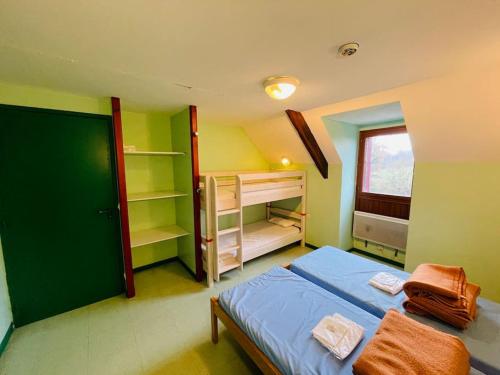 - une chambre avec un lit bleu et des murs verts dans l'établissement Gîte de Painfaut pour 12 personnes, à Avessac