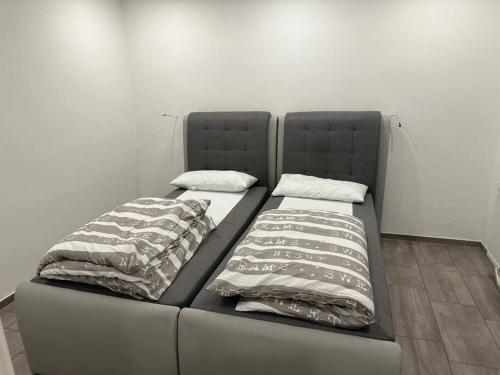 two beds sitting next to each other in a room at Ferienwohnung in Wilhermsdorf