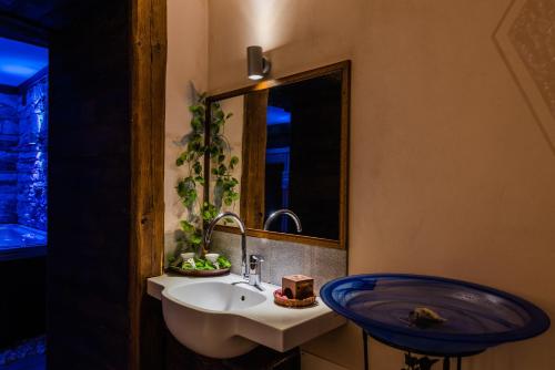 a bathroom with a sink and a mirror at Hotel Au Soleil in Saint Vincent