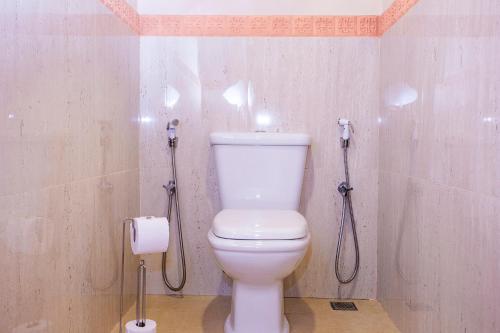 a bathroom with a toilet and a shower at Pousada Cavaleiro dos Pireneus in Pirenópolis