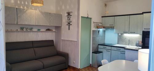 un salon avec un canapé dans une cuisine dans l'établissement Location appartement bord de mer Barcarès, au Barcarès