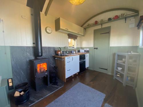 a kitchen with a wood stove in a kitchen at Spring Grounds Farm Shepherd Huts 