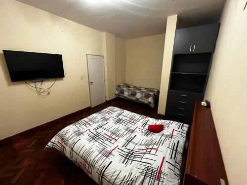 een kleine slaapkamer met een bed en een televisie bij Departamento Romano’s in Santiago del Estero