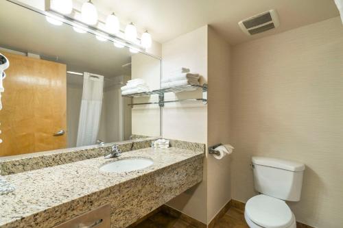 a bathroom with a sink and a toilet and a mirror at Comfort Inn & Suites in Surrey