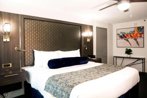 a hotel room with a large bed with a blue pillow on it at Radisson Hotel McAllen Airport in McAllen