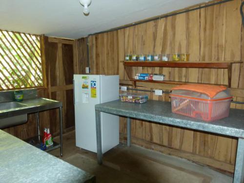 a kitchen with a counter and a refrigerator in it at Jardines del Golfo in Lepanto