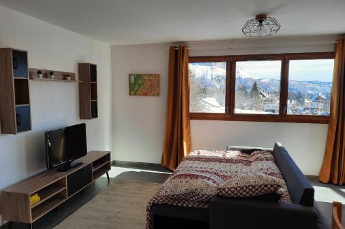 - une chambre avec un lit, une télévision et une fenêtre dans l'établissement Spacieux appartement au pied des pistes, à La Féclaz