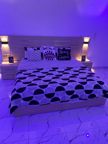 a bedroom with a large bed with purple lighting at Le petit coin du paradis in Sintiân