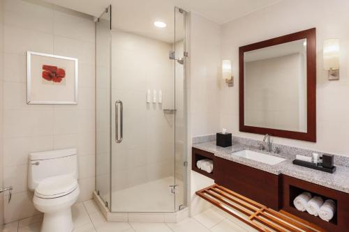 a bathroom with a shower and a toilet and a sink at Guyana Marriott Hotel Georgetown in Georgetown