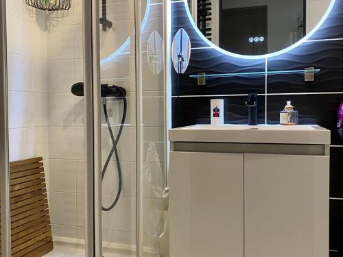 une salle de bain avec une douche, un lavabo et un miroir dans l'établissement Charmant gîte au rez-de-chaussée avec cour fleurie, centre historique du Croisic, plage à 900m - FR-1-306-916, au Croisic