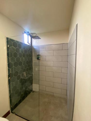 a bathroom with a shower with a glass door at Oasis by Franklin Hotel Boutique in Fortuna