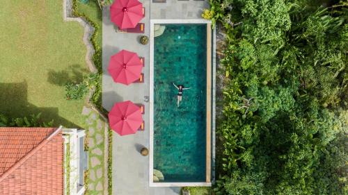 una vista aérea de una piscina con sombrillas en Sanubari Ubud en Ubud