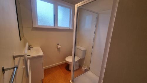 a bathroom with a shower and a toilet and a sink at 44 Scarborough Tce in Hanmer Springs
