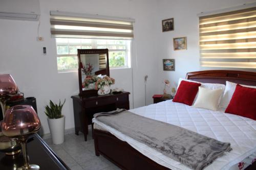 1 dormitorio con 1 cama grande y espejo en Villa Esther two private rooms in a Vacation Villa near Blue Bay golf and beach resort en Willemstad