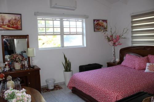 1 dormitorio con cama, ventana y espejo en Villa Esther two private rooms in a Vacation Villa near Blue Bay golf and beach resort en Willemstad