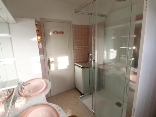 W łazience znajduje się przeszklony prysznic i toaleta. w obiekcie Gîte Condat, 3 pièces, 5 personnes - FR-1-742-117 w mieście Condat