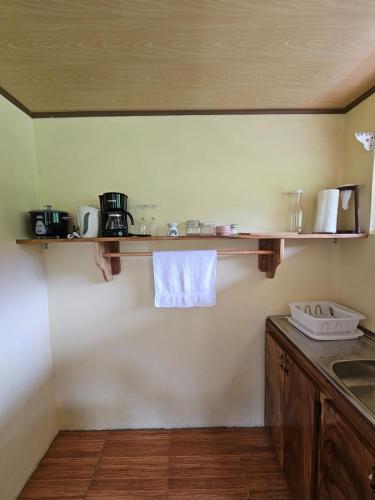 a kitchen with wooden shelves on the wall at Aves del Paraíso in Tilarán