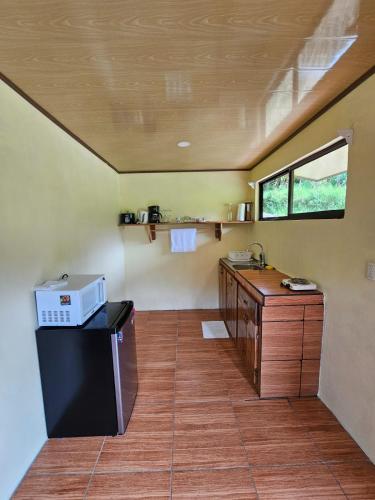 a kitchen with a counter and a microwave in a room at Aves del Paraíso in Tilarán