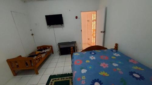 a bedroom with a bed and a tv in a room at Holiday rooms in St Thomas Jamaica in Clifton