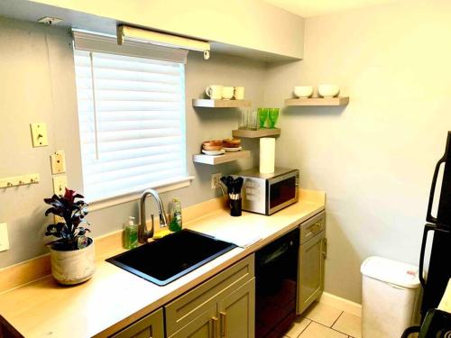 a kitchen counter with a sink and a microwave at Welcome travel workers, King bed, 2br 1 ,5 ba, 4beds sleep 5, Valero, Blue oval in Memphis