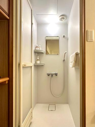 a bathroom with a shower and a mirror at LOVE UENO 2-4人アクセス抜群 山手線3分 上野浅草銀座近い 御徒町駅3分 アメ横3分 上野駅10分 上野広小路駅3分 湯島駅2分 和風畳寝室 in Tokyo