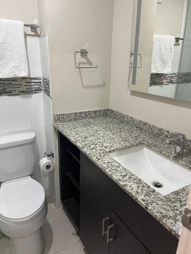 La salle de bains est pourvue de toilettes blanches et d'un lavabo. dans l'établissement Beach access apartment, à Portmore