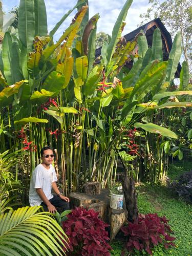 a man sitting in front of a bunch of plants at Moksha glamping in Tetebatu