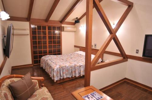 een kamer met een bed, een bank en een tv bij パリセーヌ in Mitake