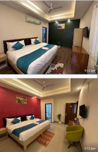 2 fotos de un dormitorio con cama y sala de estar en Spark inn, en Gurgaon