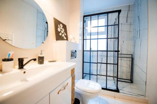 a bathroom with a sink and a toilet and a window at Complex Omnia - Apartamente Husi in Huşi