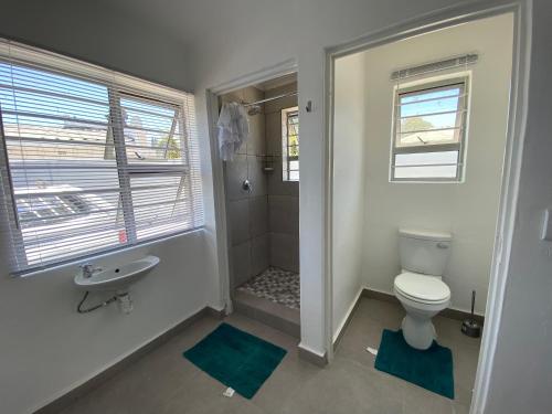 y baño con aseo y ducha con alfombras azules. en No1 Guest House, en Ciudad del Cabo
