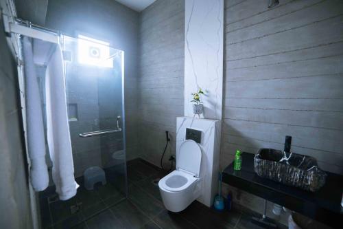 La salle de bains est pourvue de toilettes et d'une douche en verre. dans l'établissement Blpl Manoir, à Karachi