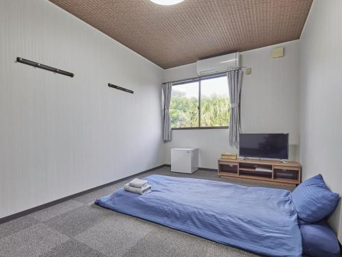 a bedroom with a blue bed and a television at Guesthouse Ama Terrace in Amami