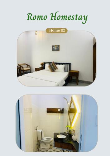 two pictures of a room with a bed and a bathroom at Romo Homestay in Quang Ngai