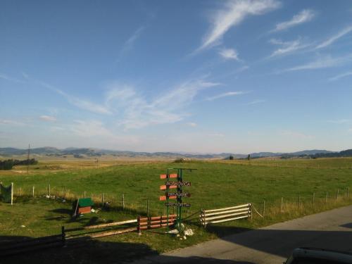 a field with a fence and a pole in the grass at Boskovica Brvnare in Žabljak