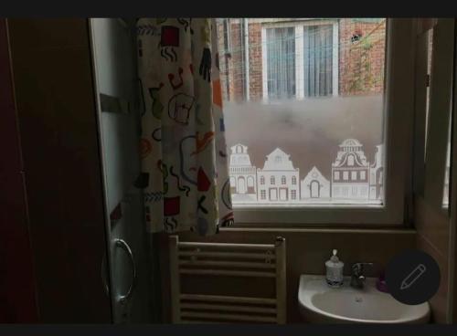 een badkamer met een wastafel en een raam met een gebouw op het gordijn bij Room in Guest room - Chambre A Brucelles D in Brussel